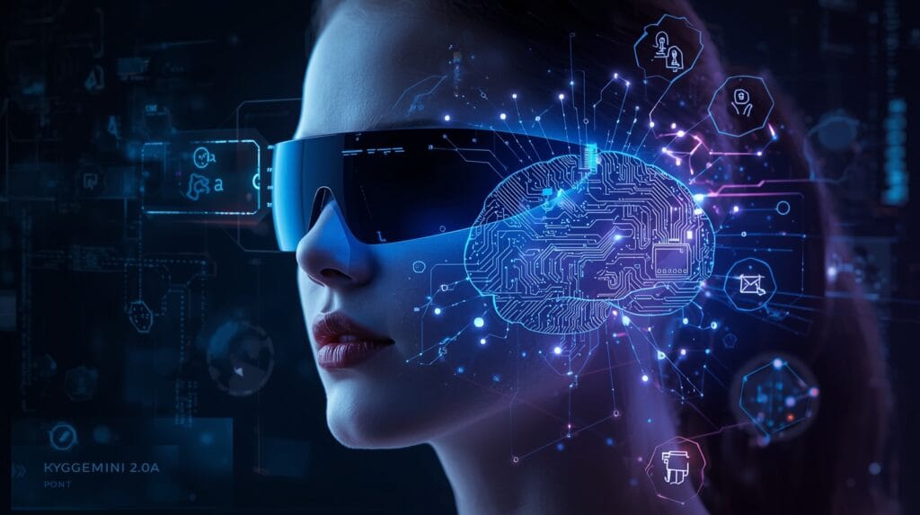 Close-up of Smart Glasses 2025 with AR interface, brain visuals, and AI assistant icons – future wearable tech