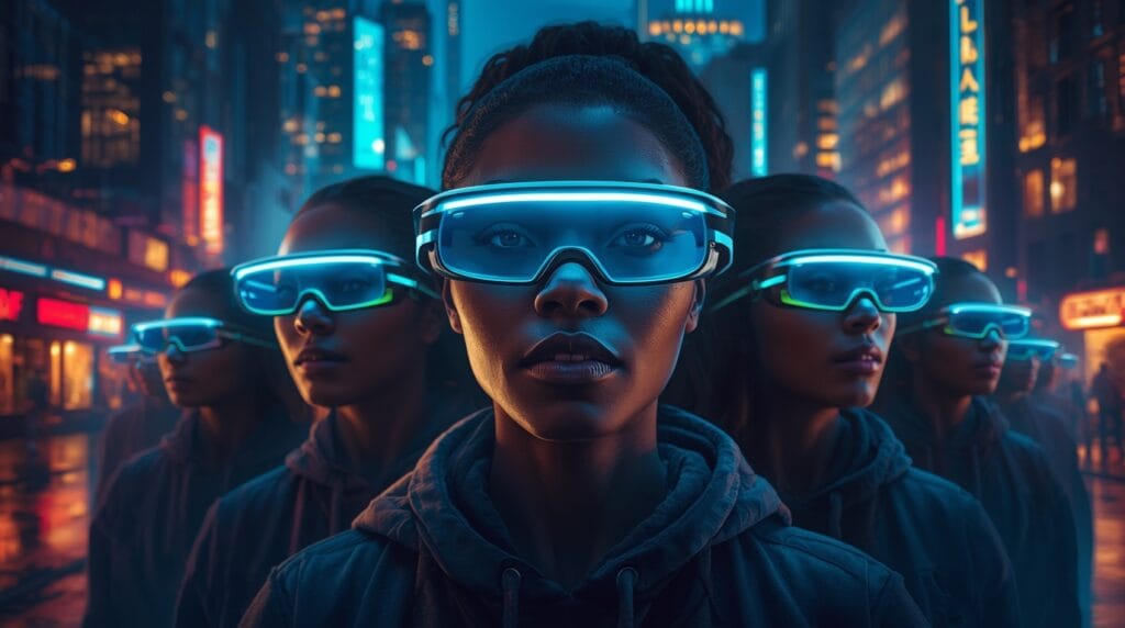 Group of futuristic people wearing glowing smart glasses 2025 in a neon-lit cityscape