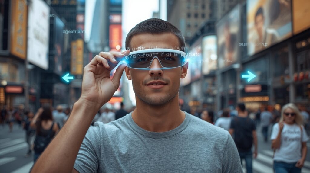 Young man walking in city street wearing modern smart glasses 2025 with AR display
