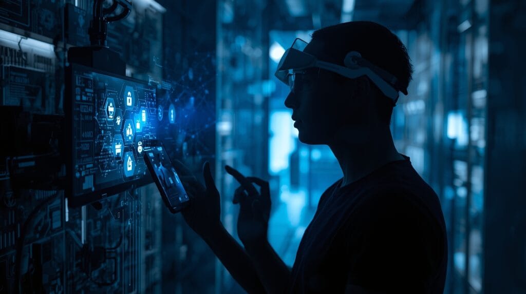 Human interacting with Google’s Project Astra holographic AI system using AR headset — futuristic digital assistant concept.