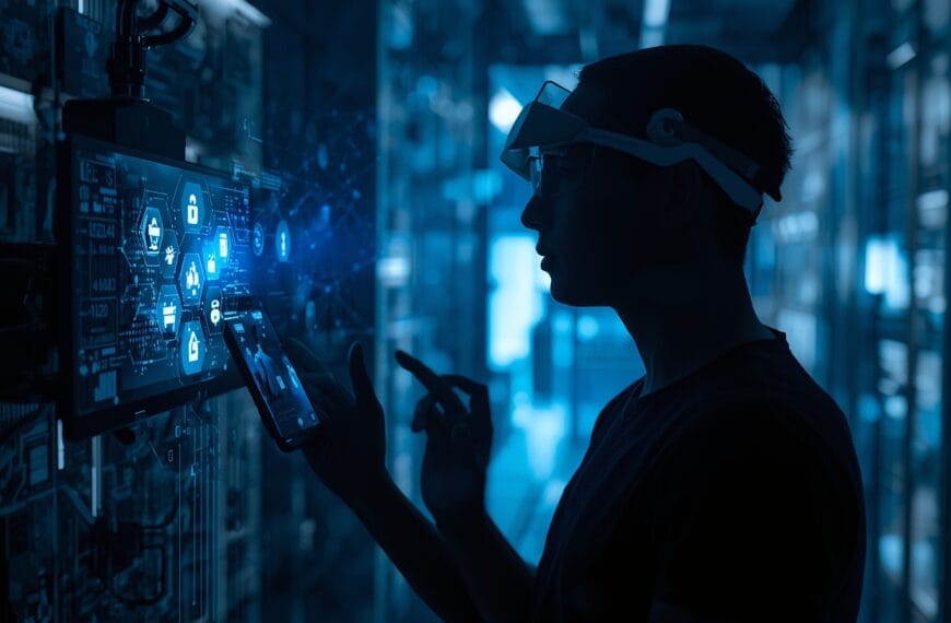 Human interacting with Google’s Project Astra holographic AI system using AR headset — futuristic digital assistant concept.