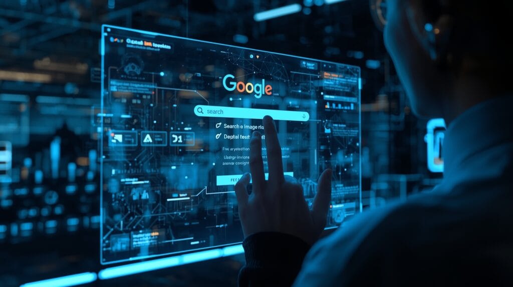 Person using holographic AI screen showing Google search results in futuristic mode