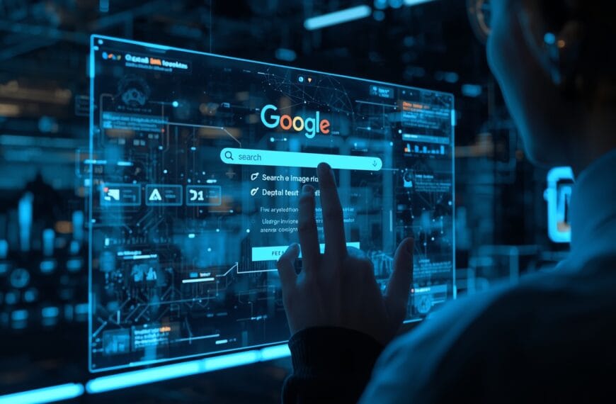 Person using holographic AI screen showing Google search results in futuristic mode