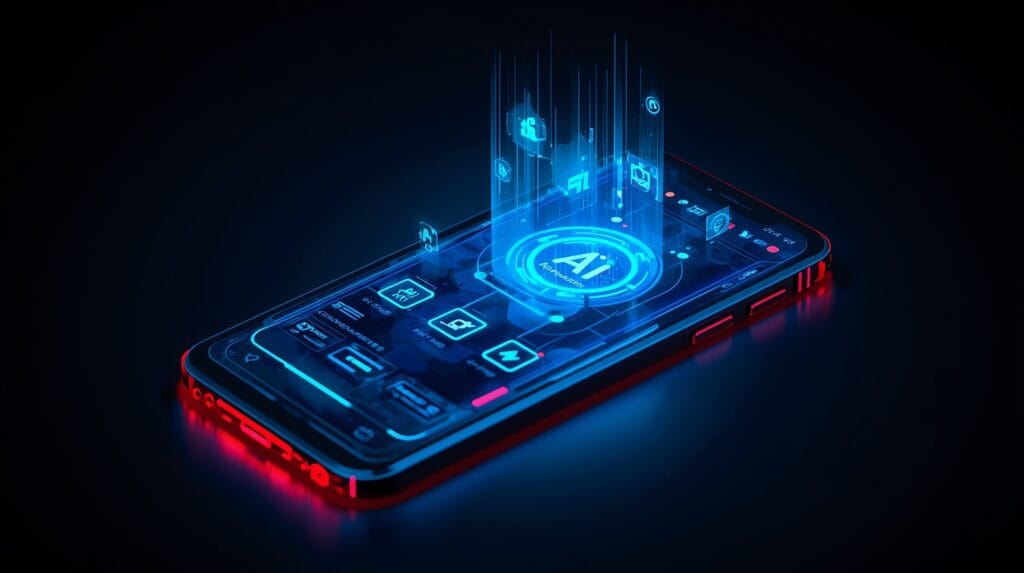 Futuristic AI smartphone with glowing holographic interface and neon UI icons in 2025.