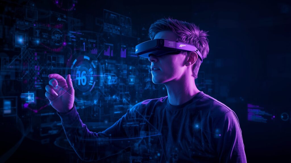 A person wearing an advanced AR headset interacting with holographic 3D data — representing the future of Spatial Computing Technology and XR innovation.