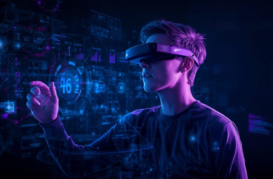 A person wearing an advanced AR headset interacting with holographic 3D data — representing the future of Spatial Computing Technology and XR innovation.