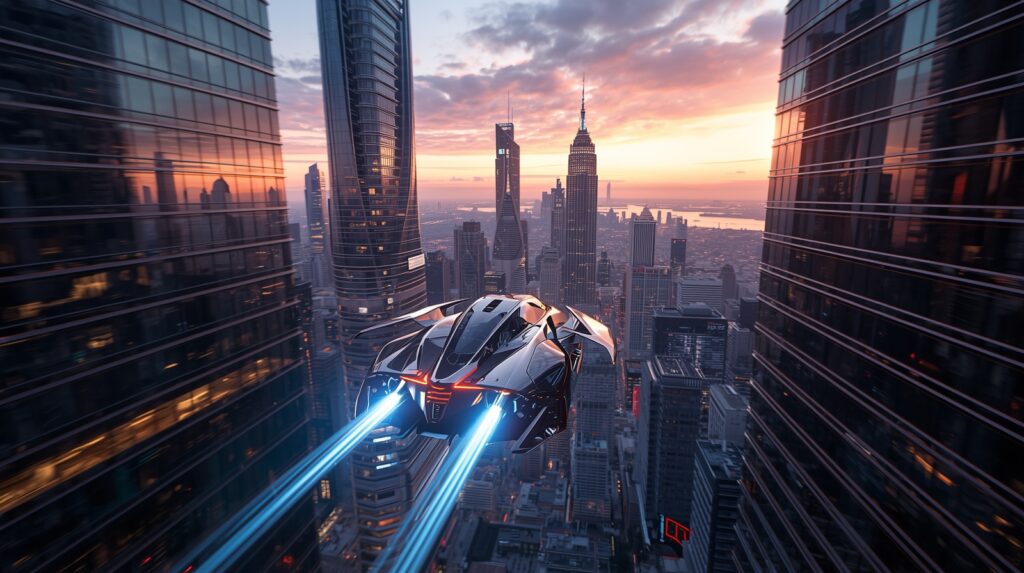 Urban Air Mobility 2025 concept showing a futuristic flying car gliding over a modern city skyline at sunset, symbolizing the dawn of next-generation air travel.