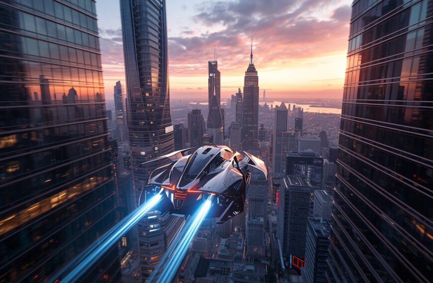 Urban Air Mobility 2025 concept showing a futuristic flying car gliding over a modern city skyline at sunset, symbolizing the dawn of next-generation air travel.
