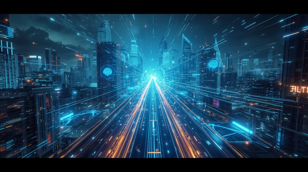“Futuristic AI-powered city with glowing data streams representing advanced artificial intelligence in 2025. AI Innovations