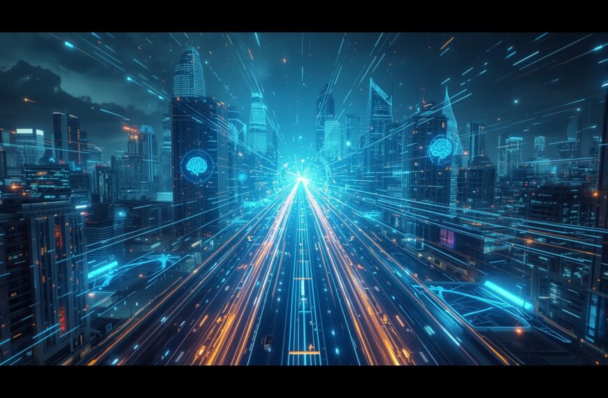 “Futuristic AI-powered city with glowing data streams representing advanced artificial intelligence in 2025. AI Innovations