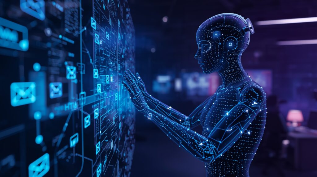 Futuristic AI personal agent interacting with digital data interface representing human-AI collaboration in 2025