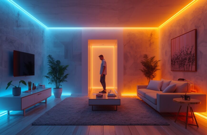 Person working in a smart ambient environment powered by Ambient Invisible Intelligence 2025, where AI systems automatically adjust lighting and comfort settings.