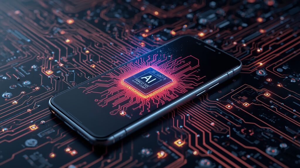 3D illustration of Edge AI embedded inside a smartphone, processing data locally through glowing orange neural circuits to enable faster and smarter performance.