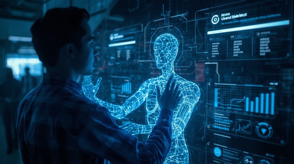 A man exploring futuristic data through holographic screens symbolizing Google AI Mode and its human-like search experience.