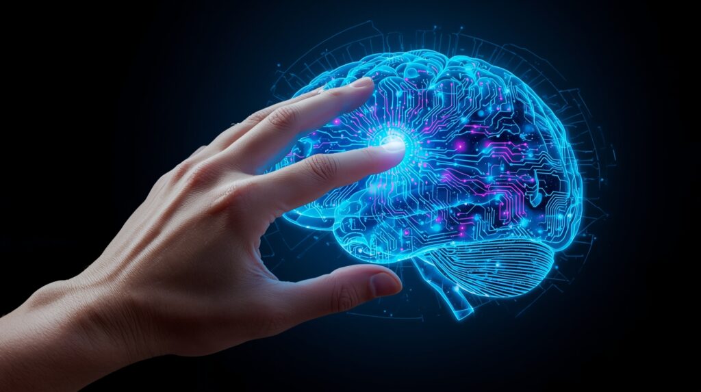 Human brain connected with Neuromorphic Computing technology for smart AI learning