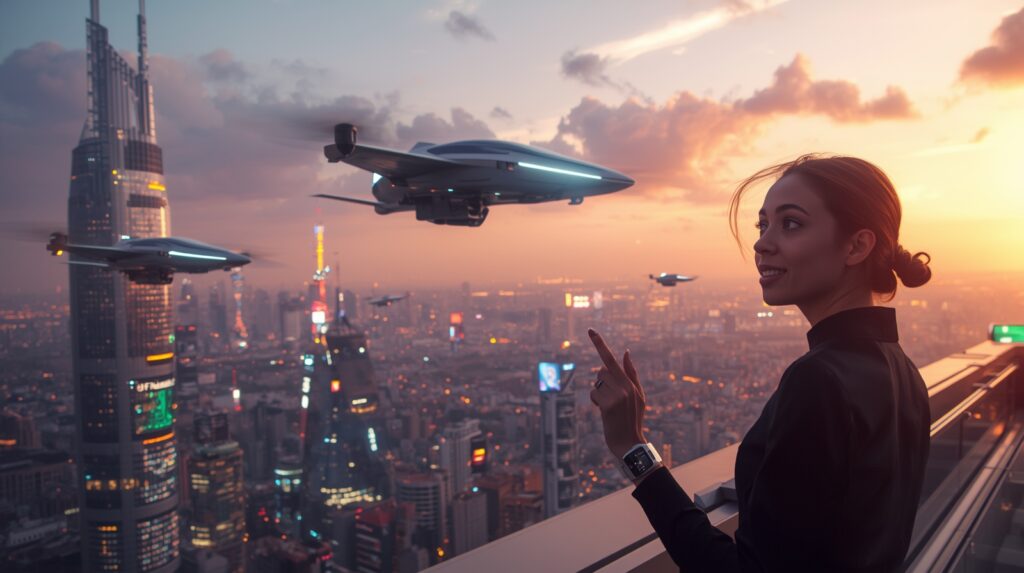 A woman overlooking a futuristic city with flying taxis representing Urban Air Mobility 2025 and the evolution of smart, eco-friendly air transport.
