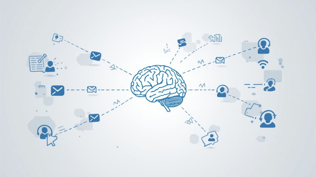 AI personal agents visualizing human behavior patterns through digital brain network and automation process