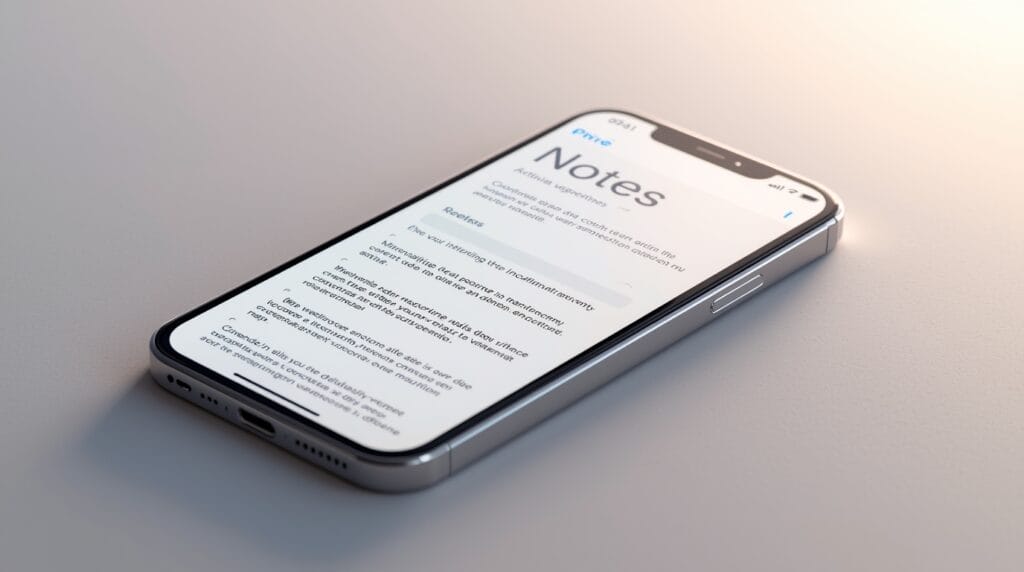 Realistic iPhone screen showing the Notes app with AI writing suggestions in iOS 19, representing Apple’s new AI features that enhance writing tools across Notes, Mail, and Messages.