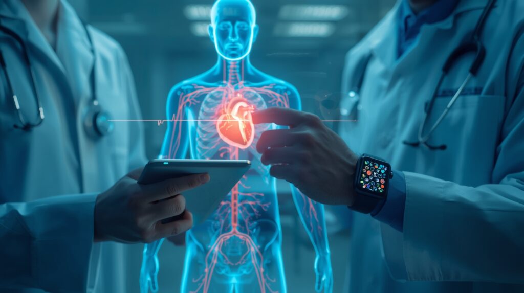 Doctors studying a holographic Bio-Digital Twin model using AI technology and smart health devices to monitor the human heart in real-time.
