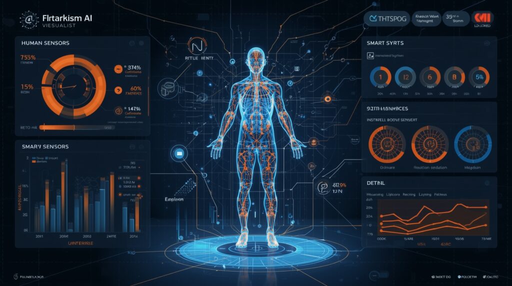 Futuristic AI dashboard visualizing Bio-Digital Twins data collected through IoT devices, wearables, and Big Data analytics.