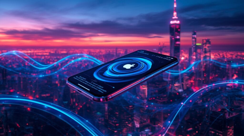 Futuristic iPhone floating over city lights, symbolizing the next generation of Apple Intelligence and iOS 19 AI Features