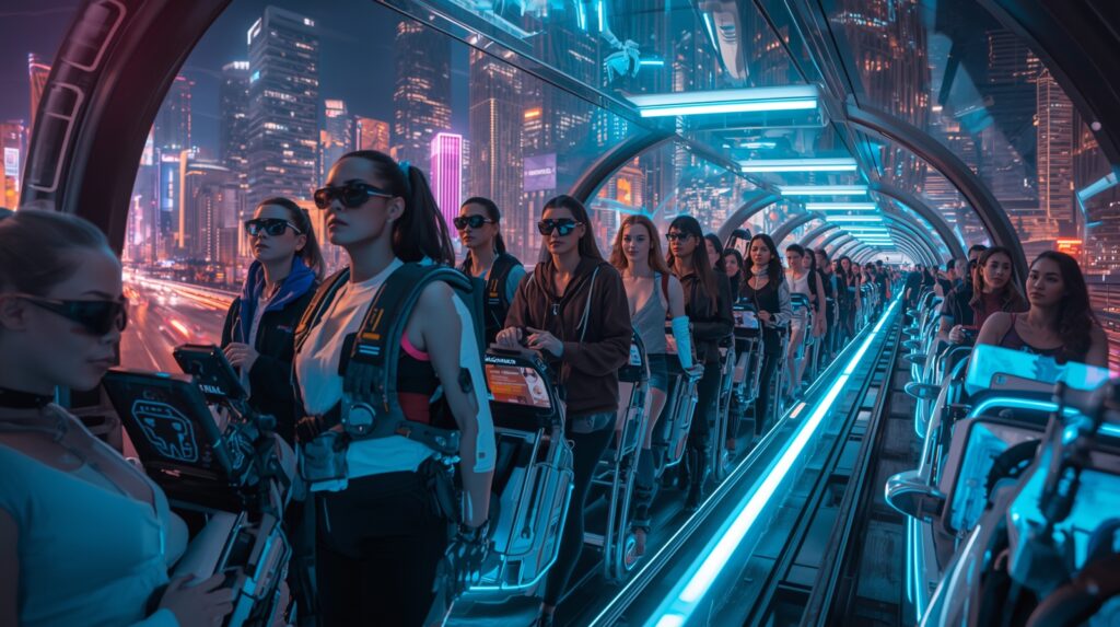 Crowd of people walking through a futuristic skyport in a neon-lit city, highlighting how Urban Air Mobility 2025 will redefine public transport and daily commuting.
