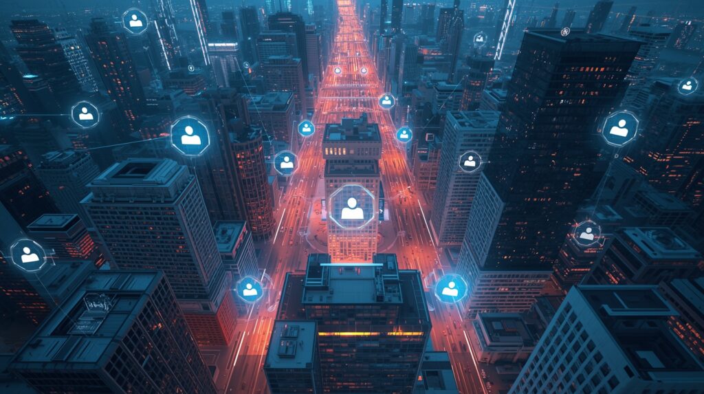 Smart city of 2025 connected by AI personal agents and digital assistants managing intelligent urban systems
