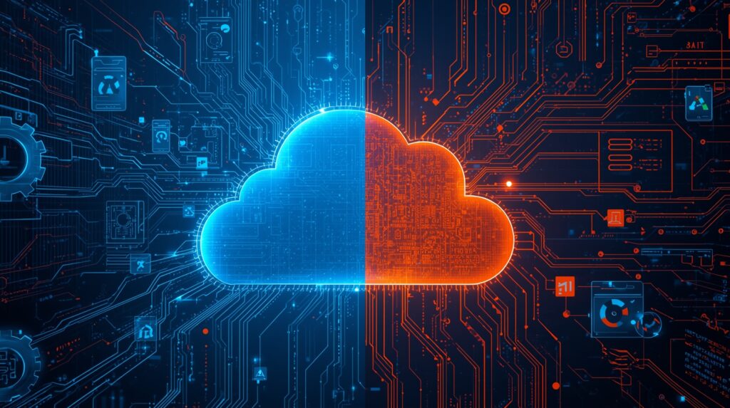 Split-screen visualization comparing Edge AI and Cloud AI, showing blue circuits for local processing and orange circuits for cloud computing and data transfer.