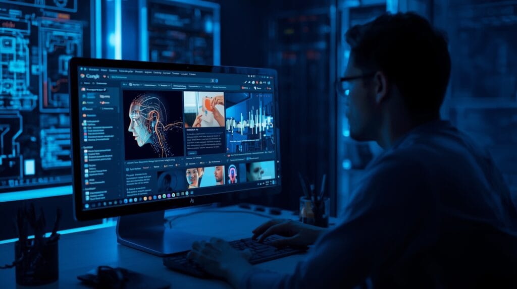 “Futuristic interface showing the power of Google AI Mode in predictive and intuitive search technology.