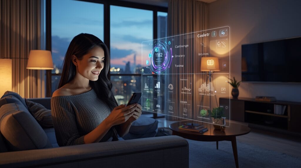 Woman using AI personal shopping assistant with holographic display