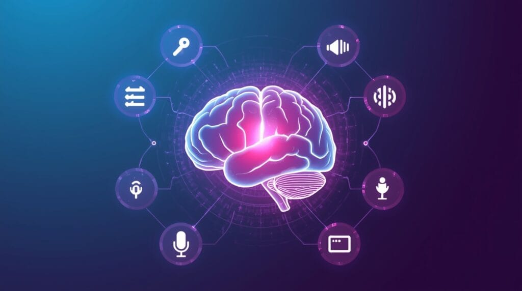 Glowing AI brain connected with search, voice, and image icons — representing the intelligence behind Google AI Mode.