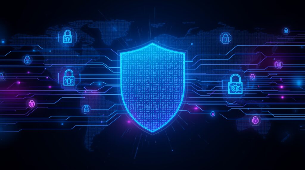 AI Cybersecurity 2025 digital shield protecting global data networks with advanced AI firewalls and encrypted connections.