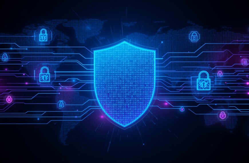 AI Cybersecurity 2025 digital shield protecting global data networks with advanced AI firewalls and encrypted connections.