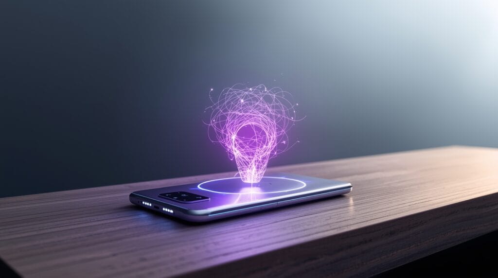 AI smartphone 2025 projecting holographic brain symbolizing the future of artificial intelligence in mobile technology.