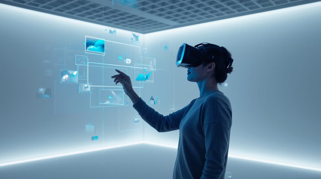 Woman using VR headset to interact with digital holograms in a futuristic white room — demonstrating real-world applications of Spatial Computing Technology.