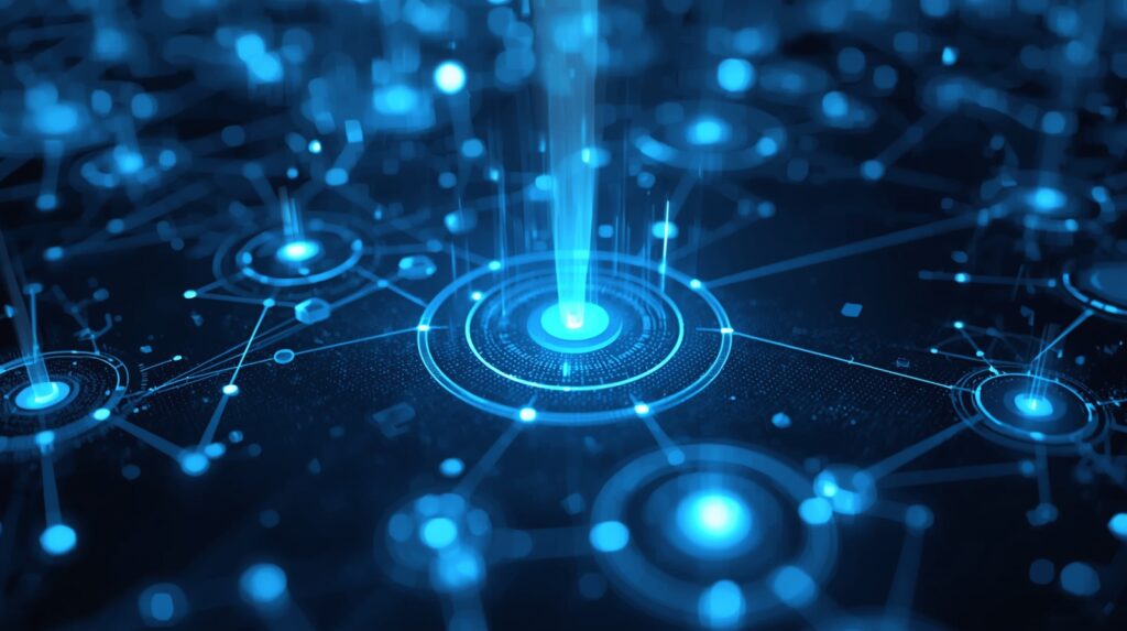 Digital visualization of interconnected AI networks and data nodes representing the core of Ambient Invisible Intelligence 2025 technology.
