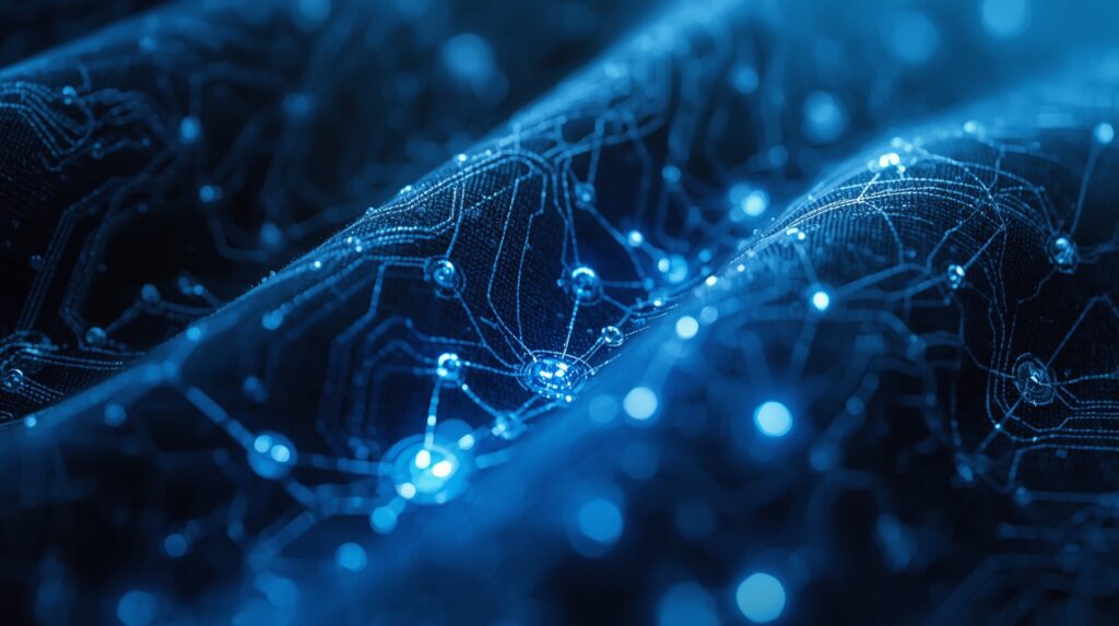 Macro shot of E-Textiles smart fabric with embedded micro sensors and conductive threads