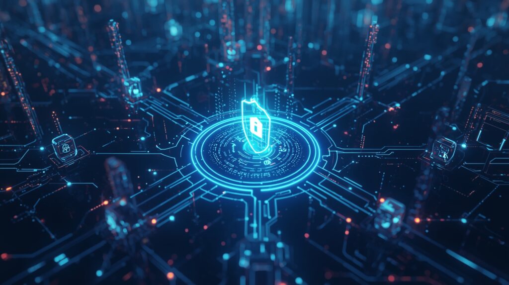 AI-powered cybersecurity shield protecting digital networks — Generative AI Cybersecurity 2025