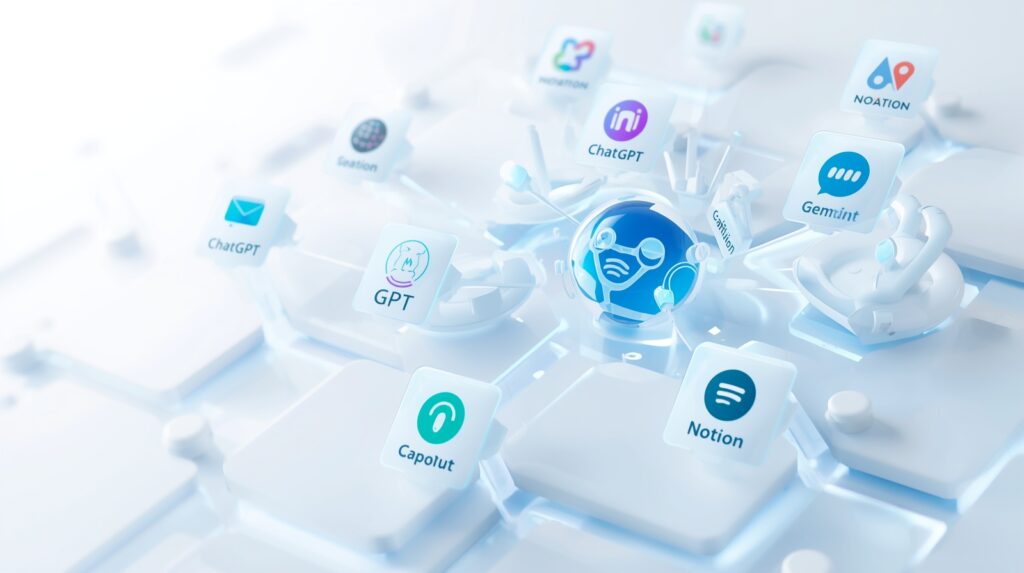 A futuristic AI dashboard displaying multiple creator tools, showcasing the Best AI Tools for Creators for productivity and content creation in 2025