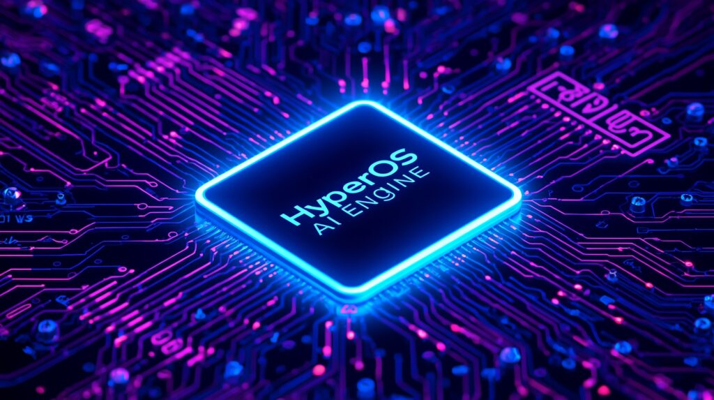 HyperOS 3 AI engine chip glowing on a futuristic circuit board, representing improved on-device intelligence and system optimization.