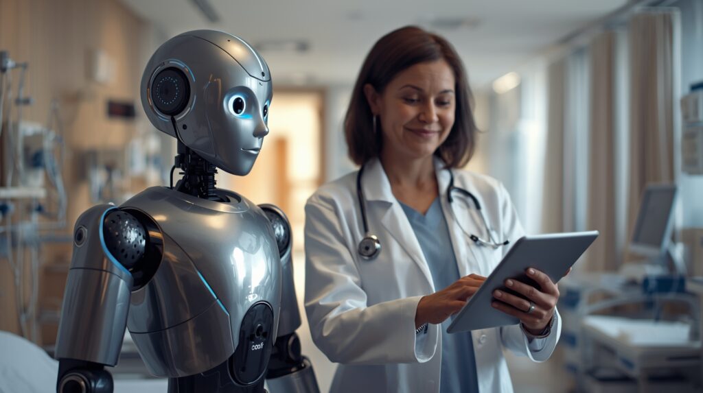 Doctor collaborating with an AI-powered humanoid robot in a hospital, demonstrating how Autonomous Systems and Robotics are transforming healthcare.