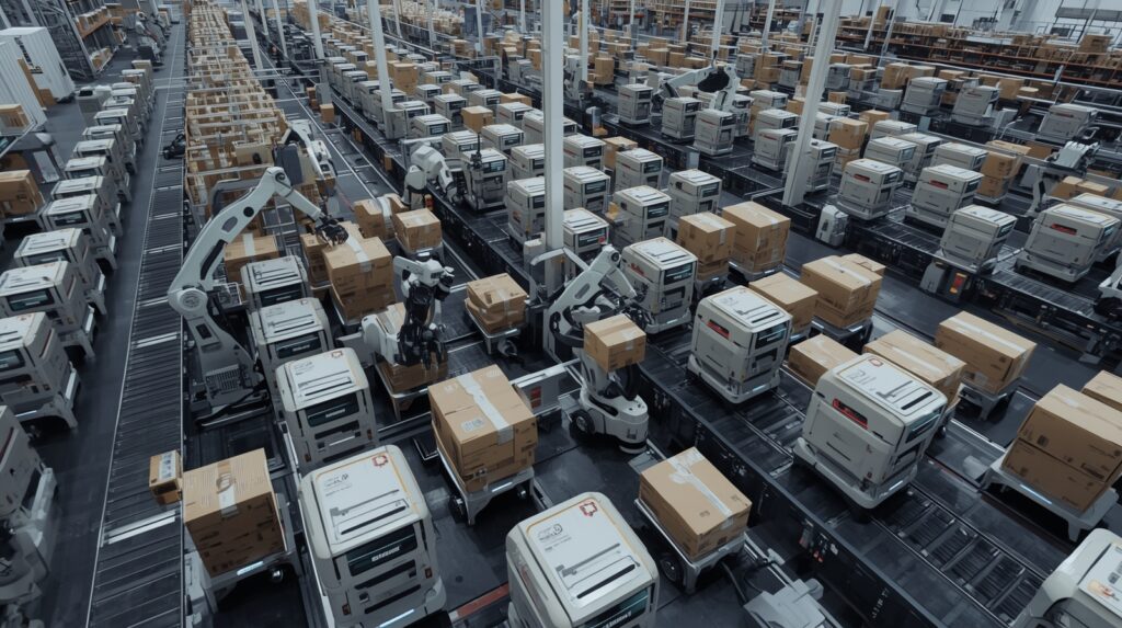 AI-powered warehouse with robotic arms and automated conveyor systems managing logistics efficiently through Autonomous Systems and Robotics.