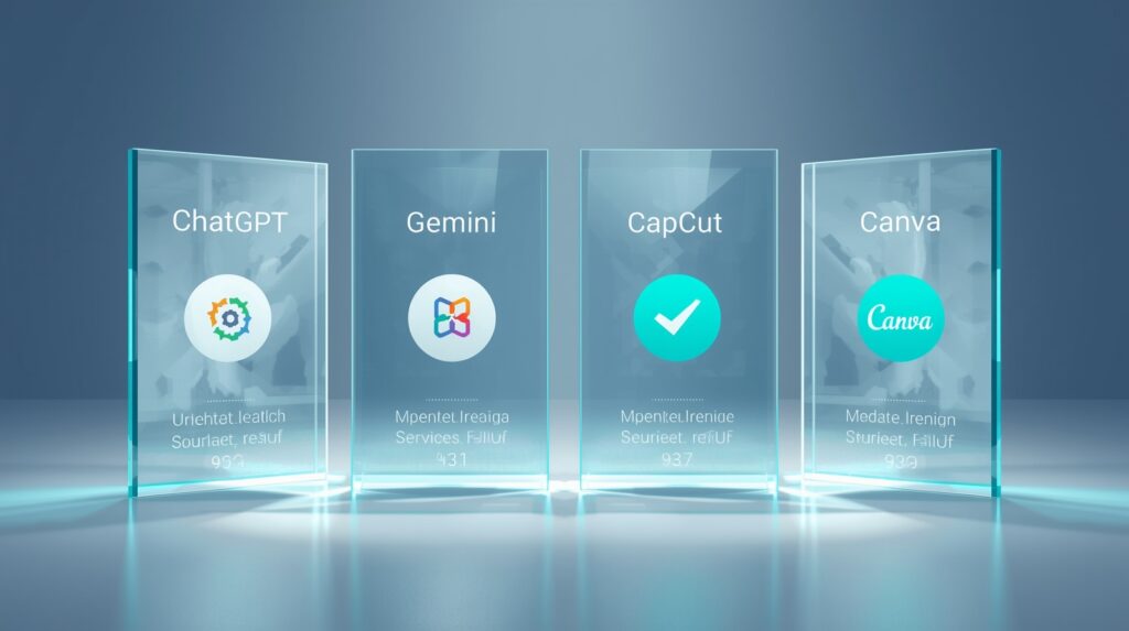 Glass-panel display of ChatGPT, Gemini, CapCut, and Canva illustrating the Best AI Tools for Creators in 2025