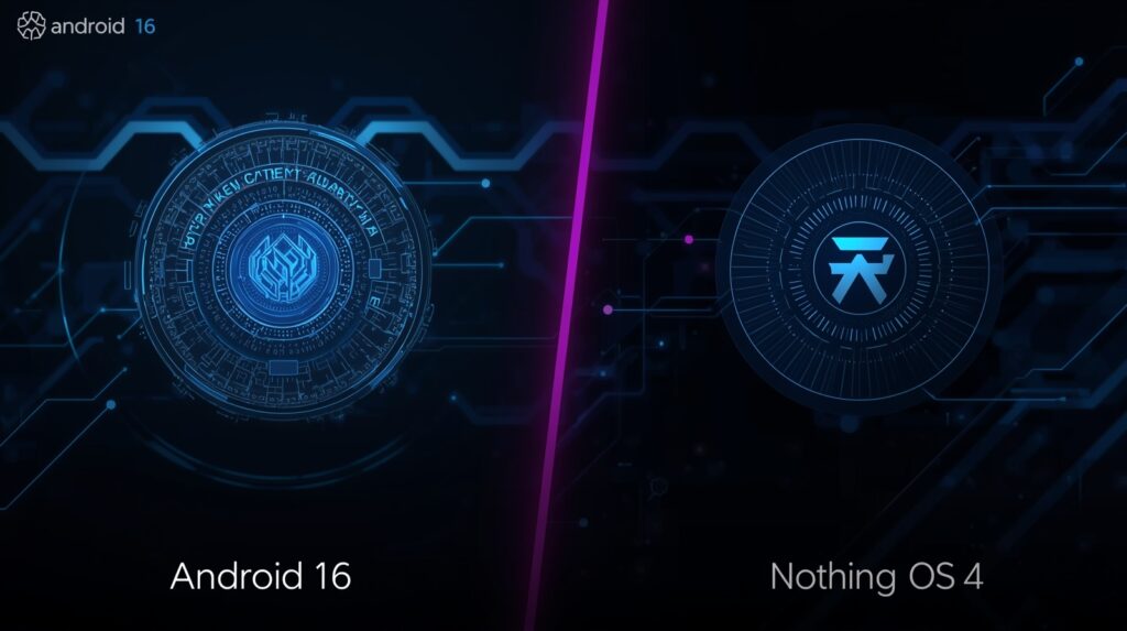 Nothing OS 4 vs Android 16 feature icons and interface comparison graphic.