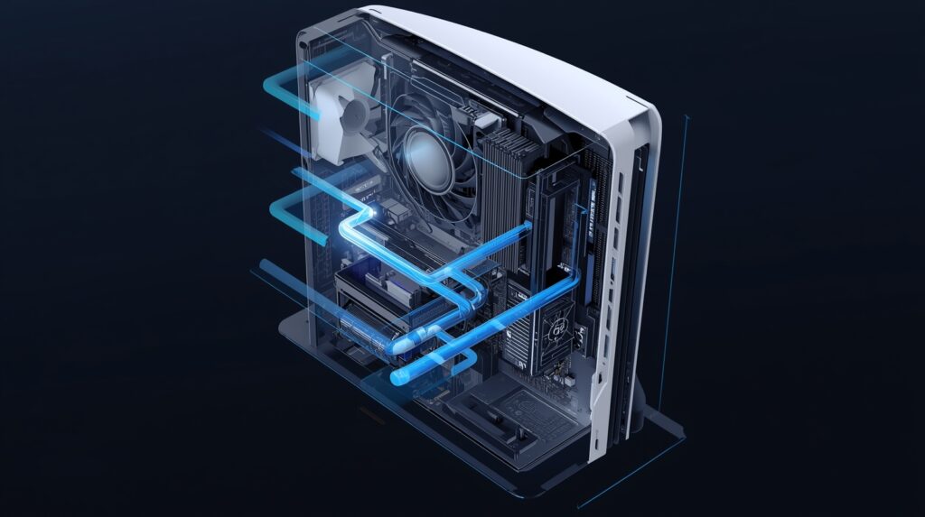 PS5 Slim 2025 internal cooling system and upgraded hardware layout visualized in a futuristic cutaway design.