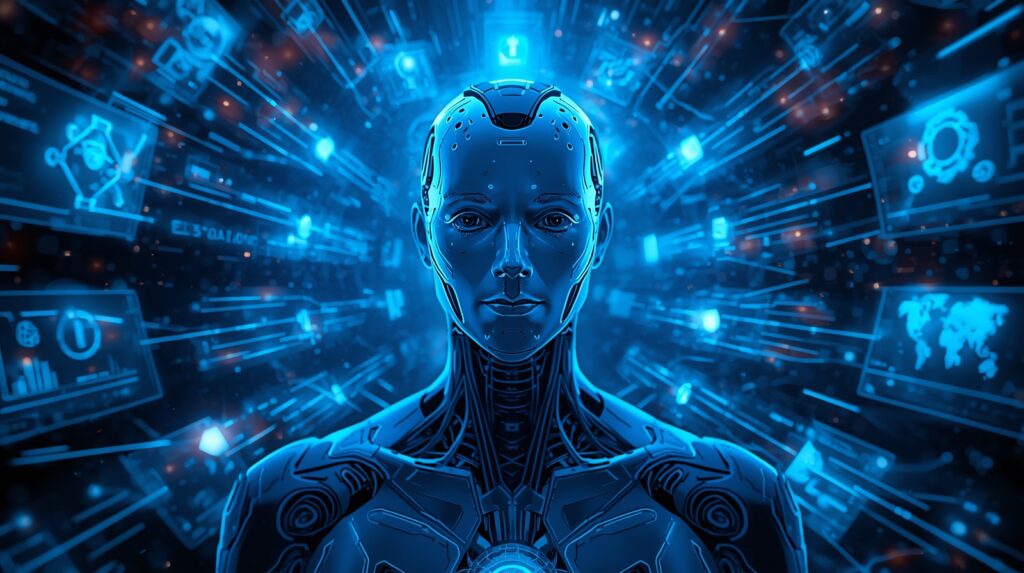 Agentic AI 2025 – futuristic autonomous artificial intelligence making smart decisions in a digital world.