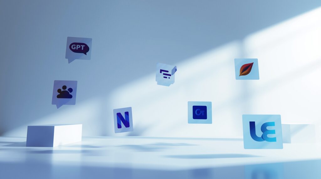 Floating AI tool icons in a clean white futuristic setup representing the Best AI Tools for Creators in 2025