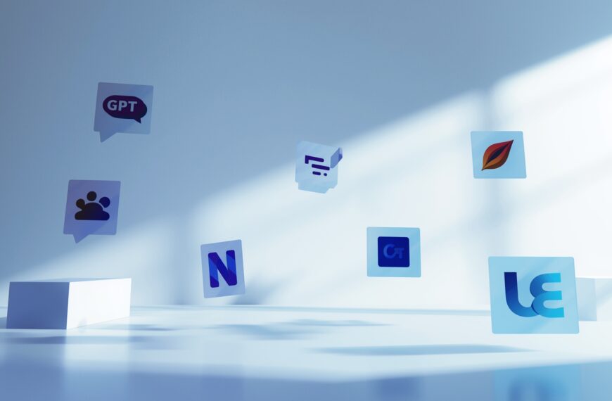 Floating AI tool icons in a clean white futuristic setup representing the Best AI Tools for Creators in 2025