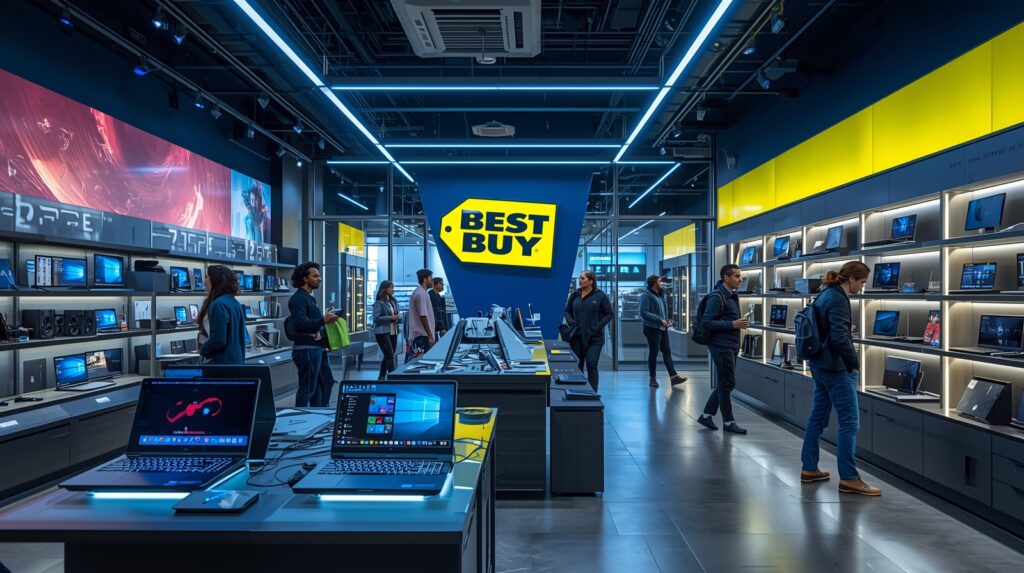 Best Buy deals inside a tech store with customers browsing laptops and electronics in 2025.