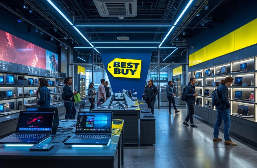 Best Buy deals inside a tech store with customers browsing laptops and electronics in 2025.